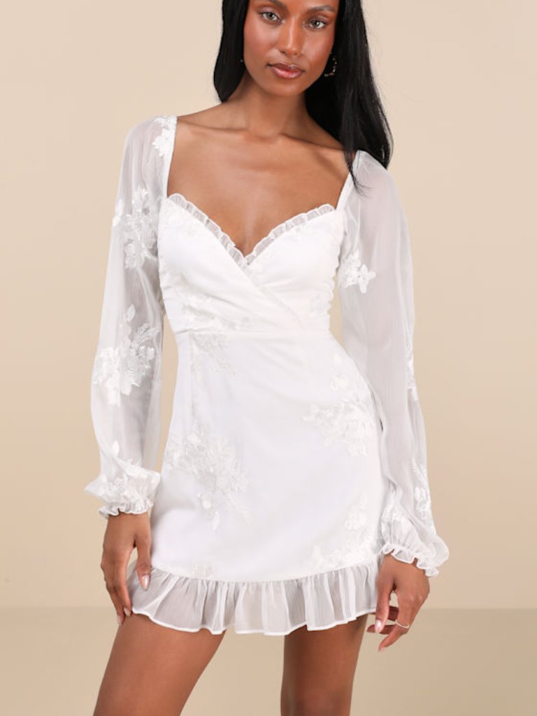 Lulus Flora White Embroidered Long Sleeve Mini Dress - Size Xl